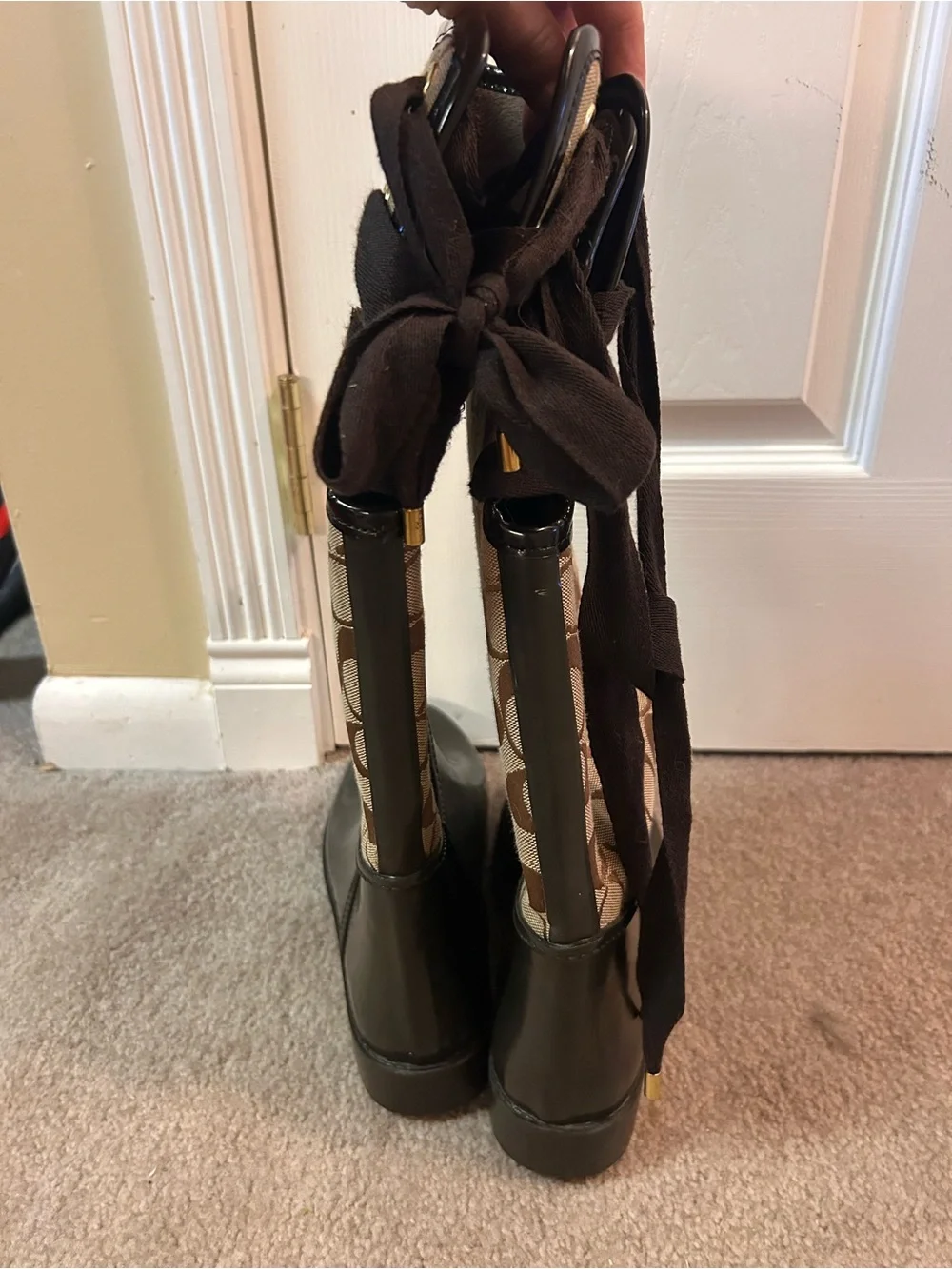 Coach Tan Signature Logo Rain Boots with Olive Trim
